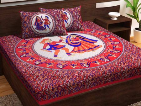 Vamika Printed Cotton Daandiya Red Bedsheet With Pillow Covers (PM Daandiya Red) Sale