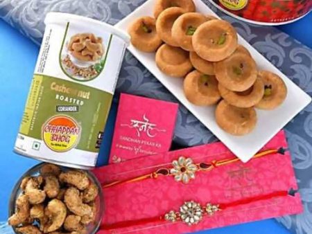 2 Kundan Flower Rakhis & Mathura Peda Hamper Combo Supply