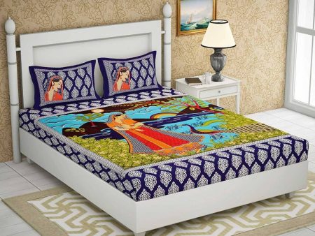 Vamika Printed Beautiful Cotton Blue Bedsheet With Pillow Covers (LEOC_LDM_B) For Cheap