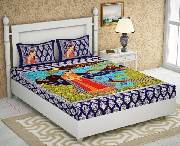 Vamika Printed Beautiful Cotton Blue Bedsheet With Pillow Covers (LEOC_LDM_B) For Cheap