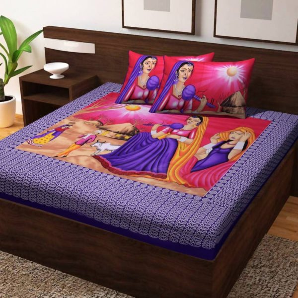 Vamika Printed Beautiful Design Cotton Blue Bedsheet With Pillow Covers (PM Veena Blue) Fashion