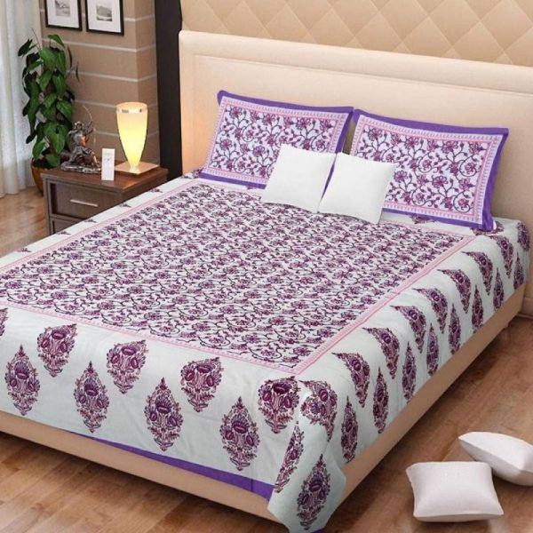 Vamika Printed Cotton White & Purple Bedsheet With Pillow Covers (LEOC_GMLA_PR) Online