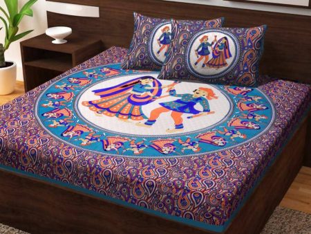 Vamika Printed Daandiya Cotton Blue Bedsheet With Pillow Covers (PM Daandiya Firozi) Fashion