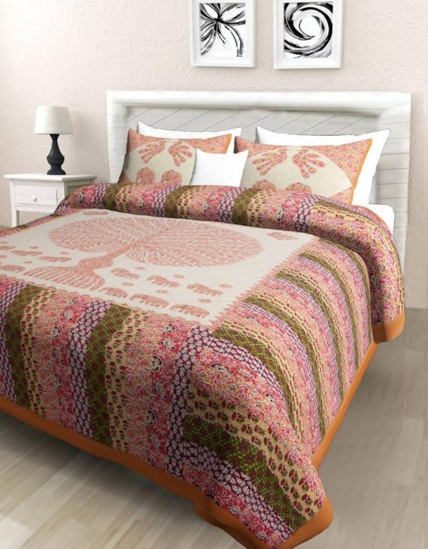 Vamika Printed Cotton Orange Bedsheet With Pillow Covers (PM Treestripe Orange) For Sale