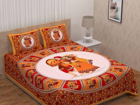 Vamika Printed Cotton Dafli Orange Bedsheet With Pillow Covers (PM Dafli Orange) Online Sale