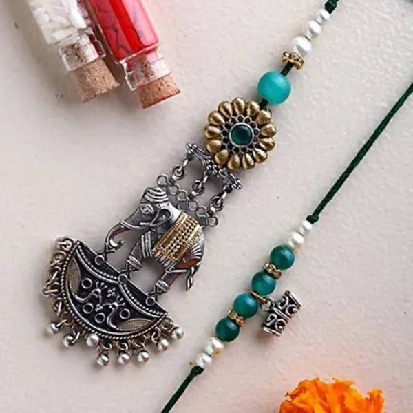 Turquoise Motif Lumba Rakhi Set on Sale