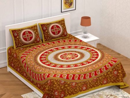 Vamika Printed Circleambi Brown Cotton Bedsheet With Pillow Covers (PM Circleambi Brown) Online Sale