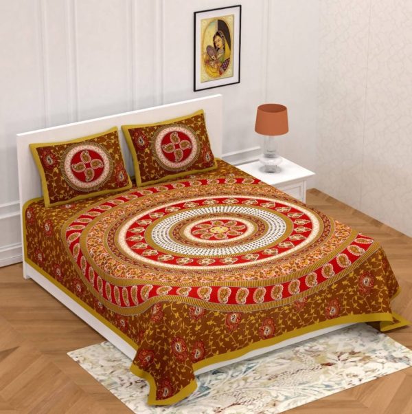 Vamika Printed Circleambi Brown Cotton Bedsheet With Pillow Covers (PM Circleambi Brown) Online Sale