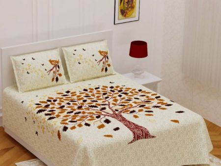 Vamika Printed Beautiful Cotton Cream Bedsheet With Pillow Covers (PM Tree Cream) Online now