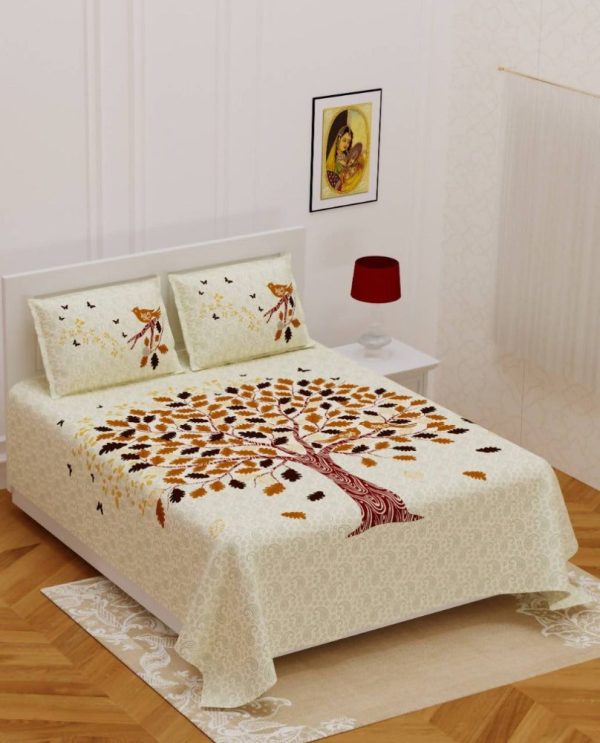 Vamika Printed Beautiful Cotton Cream Bedsheet With Pillow Covers (PM Tree Cream) Online now