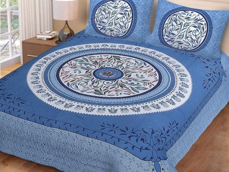 Vamika Printed Cotton Beautiful Blue & Multicolor Bedsheet With Pillow Covers (PM Circle Leaf Blue) Cheap