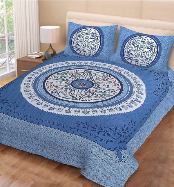 Vamika Printed Cotton Beautiful Blue & Multicolor Bedsheet With Pillow Covers (PM Circle Leaf Blue) Cheap