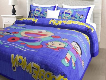 Vamika Printed Doremon Cotton Blue Bedsheet With Pillow Covers (PM Doremon Blue) For Cheap