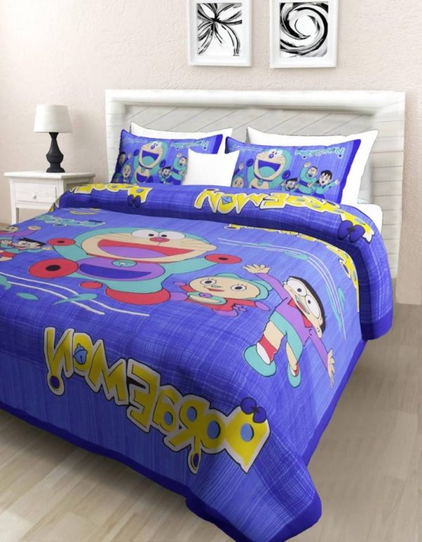 Vamika Printed Doremon Cotton Blue Bedsheet With Pillow Covers (PM Doremon Blue) For Cheap