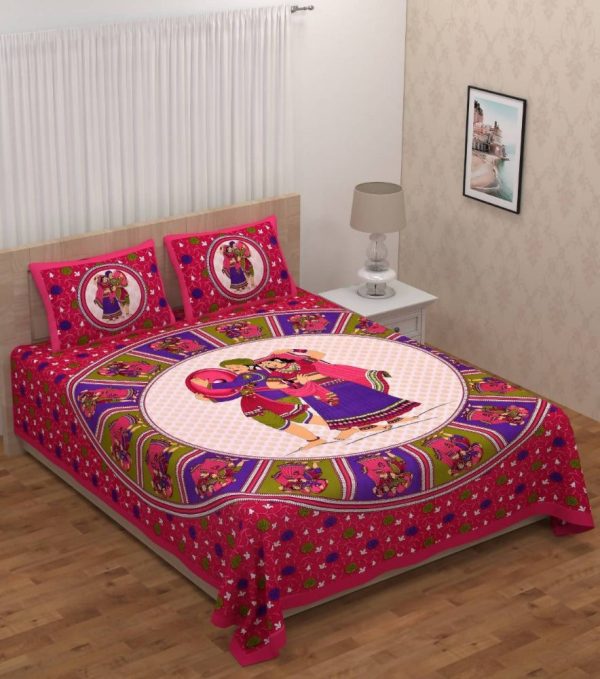 Vamika Printed Cotton Dafli Pink Bedsheet With Pillow Covers (PM Dafli Pink) Online