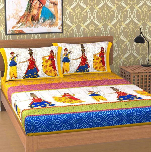 Vamika Printed Cotton Multicolor Beautiful Design Bedsheet With Pillow Covers (LEOC_KATP_Y) Online now