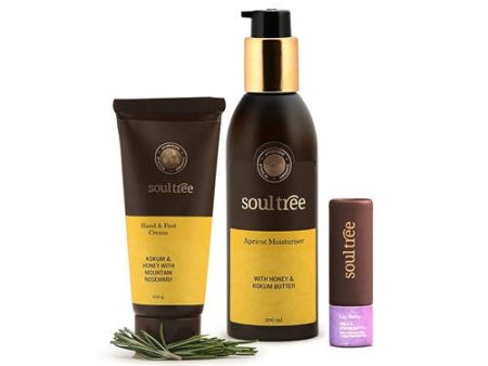 Soultree Hand And Foot Cream, Lotus And Kokum Butter Lip Balm & Apricot Moisturiser Set on Sale