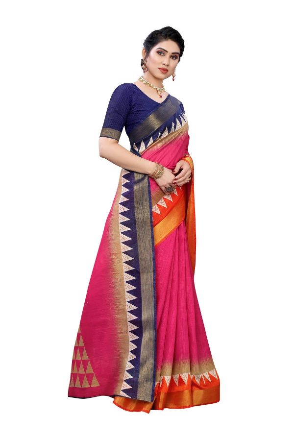 Vamika Pink & Blue Linen Jari Border Saree (GUNJAN PINK) For Sale