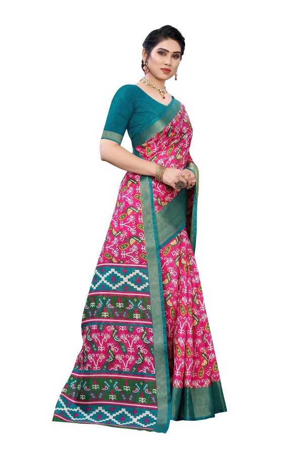 Vamika Pink & Green Linen Jari Border Saree (JANKI PINK) Cheap