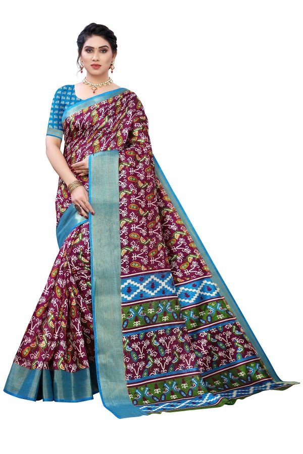 Vamika Purple and Blue Linen Jari Border Saree Online At Low Price Discount