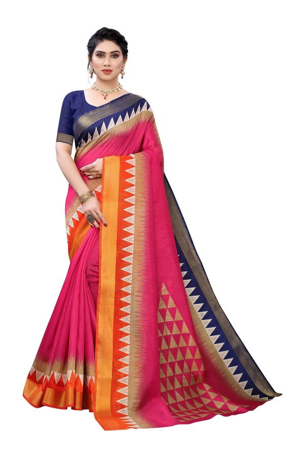 Vamika Pink & Blue Linen Jari Border Saree (GUNJAN PINK) For Sale