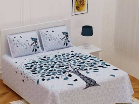 Vamika Printed Cotton White Bedsheet With Pillow Covers (PM Tree Grey) Discount