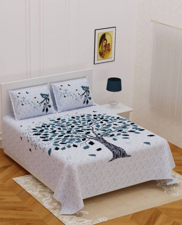 Vamika Printed Cotton White Bedsheet With Pillow Covers (PM Tree Grey) Discount