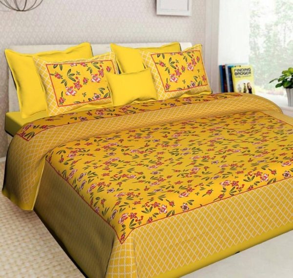 Vamika Printed Cotton Yellow Bedsheet With Pillow Covers (LEOC_FLOPYL_Y) Hot on Sale