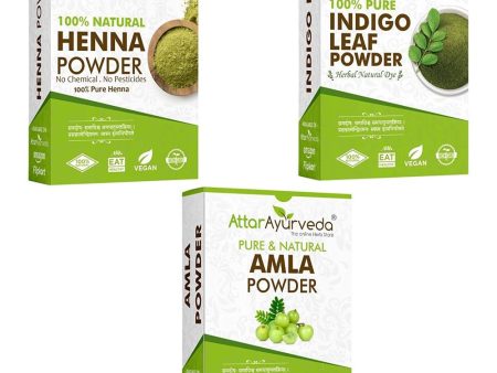 Attar Ayurveda Henna Leaves Powder, Indigo Leaves Powder and Amla Powder Combo Supply