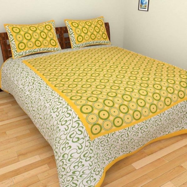 Vamika Printed Beautiful Cotton Yellow Bedsheet With Pillow Covers (LEOC_CHKR_Y) Discount