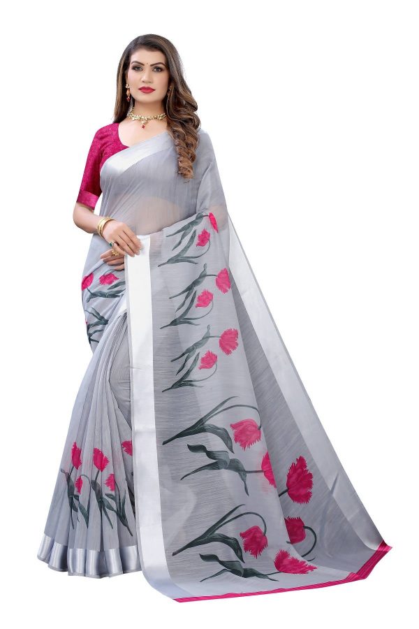 Vamika Grey Linen Satin Patta Saree (VANI GREY) Cheap